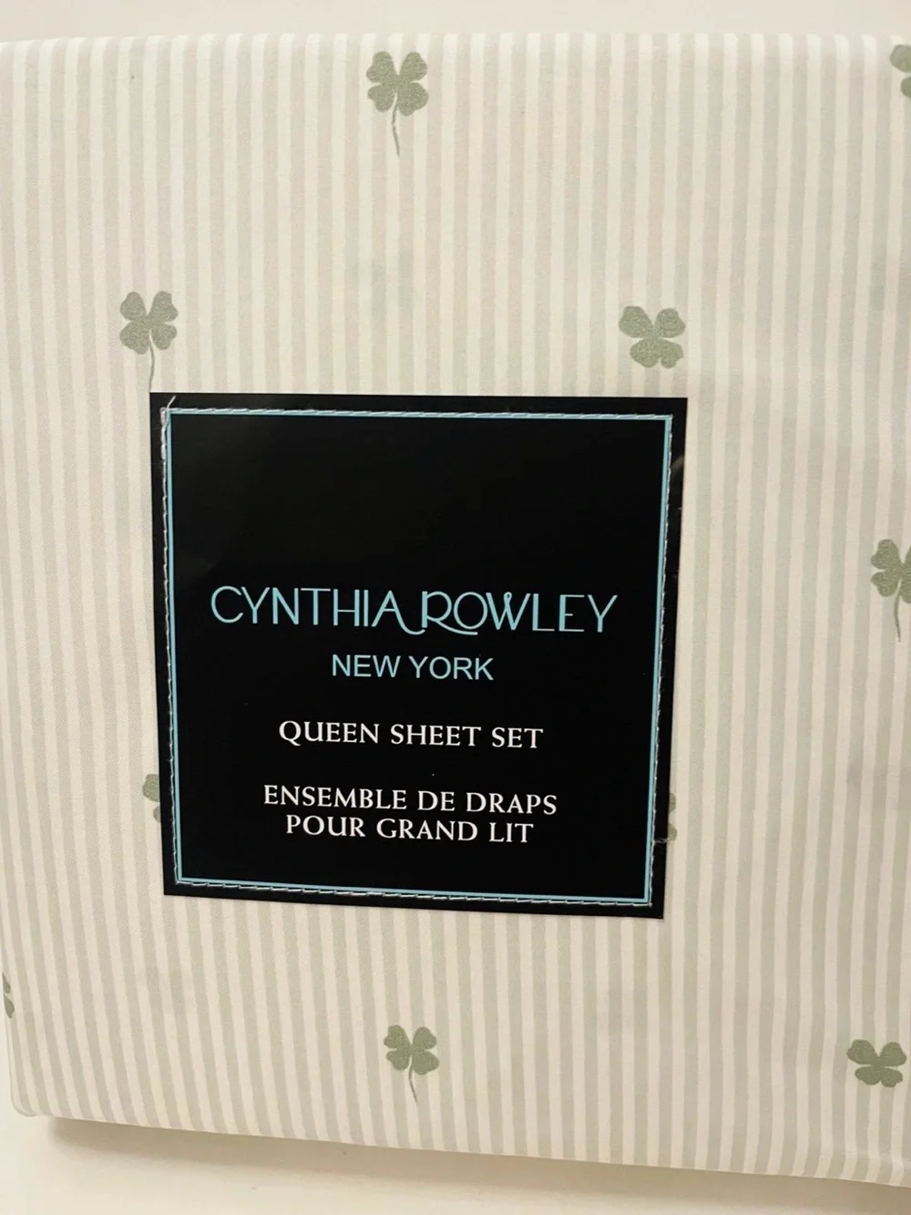 Cynthia Rowley Stripe Shamrock Queen Sheet Set Green White Irish St. Patrick